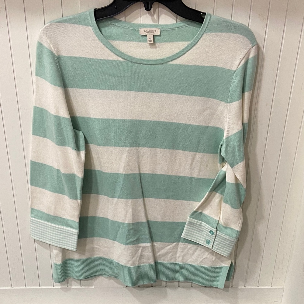 Talbots Women's Long Sleeve Top in Mint and White Stripes
